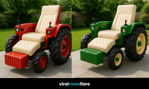 A quirky tractor-shaped outdoor recliner with quilted cushions on a garden patio.