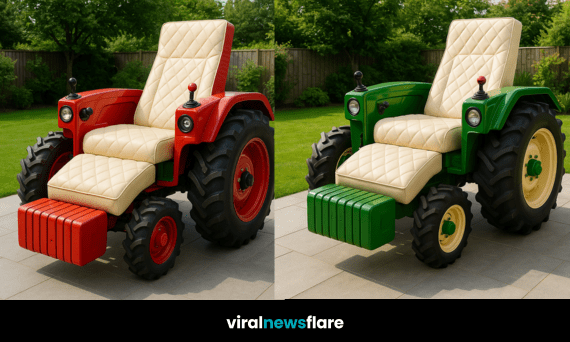 A quirky tractor-shaped outdoor recliner with quilted cushions on a garden patio.