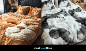 Cosy bedroom with cat-themed bedding set featuring oversized cat face duvet and matching pillows