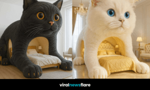 Oversized cat-shaped bed with cosy bedding in a stylish modern bedroom