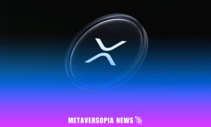 XRP coin logo floating on a dark background with gradient blue and purple tones, featured in Metaversopia News.