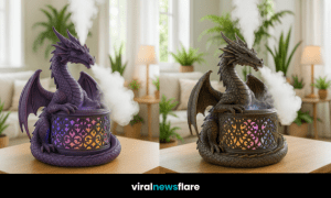 Dragon diffuser breathing mist with glowing lights in a modern living room