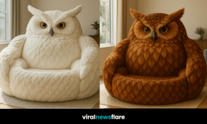Collection of oversized owl-shaped novelty armchairs in golden brown, grey, snowy white, and rustic orange designs.