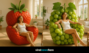 Collection of oversized fruit armchairs shaped like blueberries, bananas, strawberries, and grapes in a bright living room