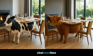 Unique cow-shaped dining table with dinner settings creating a playful centrepiece in a stylish dining room.