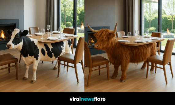 Unique cow-shaped dining table with dinner settings creating a playful centrepiece in a stylish dining room.