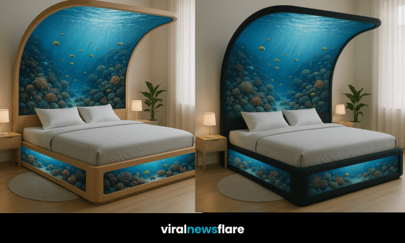 Creative underwater bed with coral reef artwork in a modern bedroom