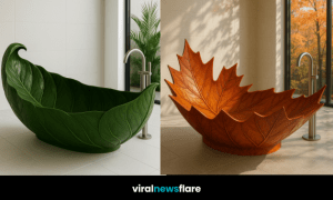 Statement luxury bathtub shaped like a giant leaf in a modern bathroom with large windows