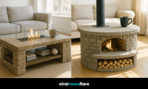 A stylish stone fireplace coffee table with warm fire feature in a bright modern living room.