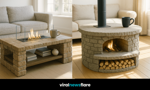 A stylish stone fireplace coffee table with warm fire feature in a bright modern living room.