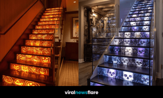 Selection of spooky Halloween staircase designs including pumpkins, bats, skulls, and spiderwebs.