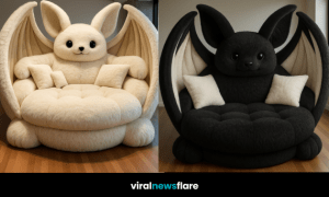 Oversized plush bat-shaped armchair with wide wings and large ears in a modern living space