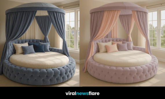 Elegant cream round canopy bed with tufted base and flowing curtains in bright modern bedroom.