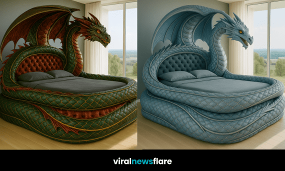 Luxury dragon-shaped bed with intricate scales, wings, and glowing eyes as a statement fantasy bedroom design.