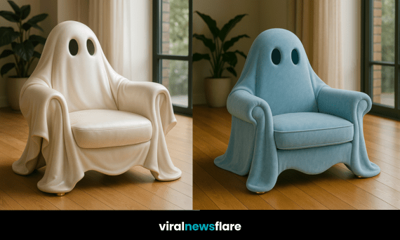 A cream and blue ghost armchair with a draped fabric effect and eye cutouts, styled in a modern living room.