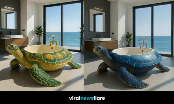 Coral pink, pearl white, blue, and green turtle-shaped bathtubs displayed in modern bathrooms with ocean views