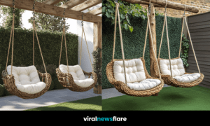 Tranquil garden scene with two rattan hanging chairs and green artificial turf beneath a wooden frame