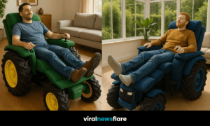 A collection of vibrant tractor-themed recliner chairs in different indoor and outdoor settings