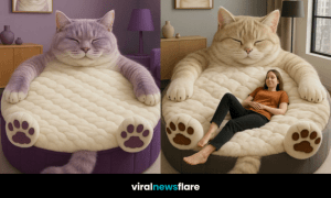 Cat-shaped armchair with a woman relaxing in its arms in a calm bedroom setting