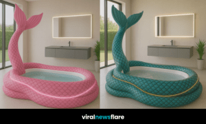 Mermaid tail-shaped bathtub with LED light, in a modern beige bathroom
