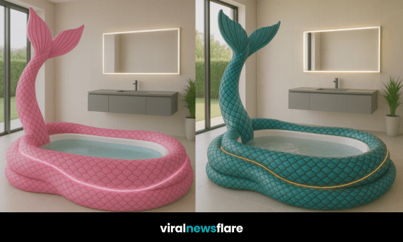 Mermaid tail-shaped bathtub with LED light, in a modern beige bathroom