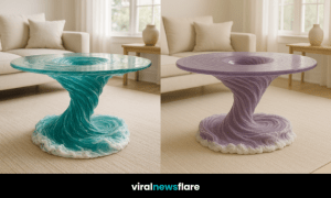 A collection of sculpted swirl coffee tables in amber, aqua blue, lavender, and moss green displayed in a modern interior