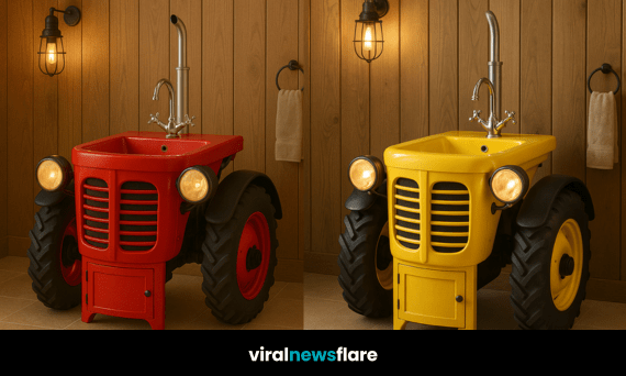 A collection of vibrant tractor-shaped sink units in green, red, blue, and yellow for playful and rustic bathroom designs