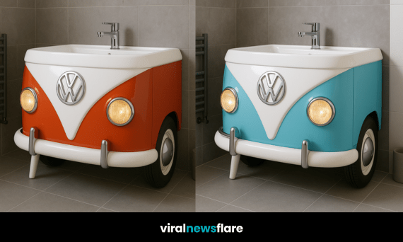 A variety of colourful VW camper van-themed bathroom sinks in red, orange, blue, and green.