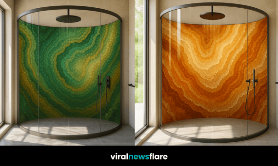 Luxurious walk-in shower with multicoloured geode-inspired wall design in a curved glass enclosure