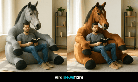 A set of oversized horse-shaped armchairs in brown, pink, grey, and white, each styled in a modern living room.