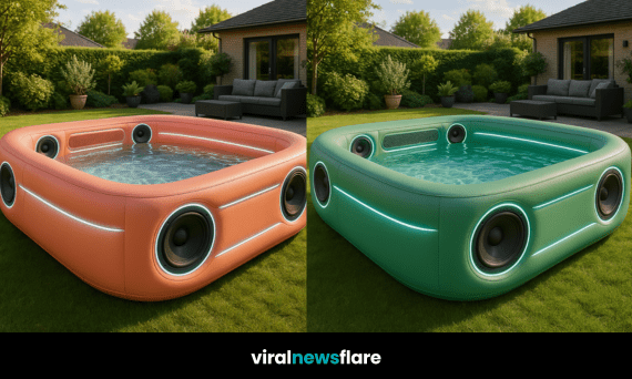 Modern inflatable pool with built-in speakers and LED lighting in a stylish garden.
