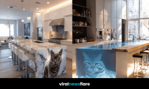 Stylish kitchen with illuminated cat-themed island blending art with functionality.