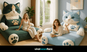 Collection of oversized cat-shaped beds in calico, blue, purple, and green designs.