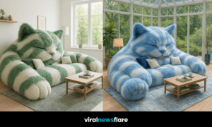 Collection of oversized cat-shaped sofas in various colours including lavender, red, mint green, and sky blue.