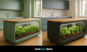 Stylish indoor kitchen garden island with herbs and vegetables growing behind glass in a bright modern kitchen