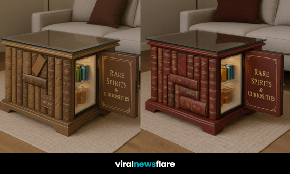 Collection of book-themed coffee tables with built-in mini fridges in various colours, blending vintage design with modern functionality.