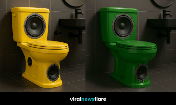 Four novelty toilets in red, green, blue, and yellow with realistic speaker styling in modern bathroom interiors.