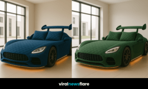 Set of luxury beds styled like sports cars, available in green, white, blue, and black quilted fabric with LED underglow lighting.