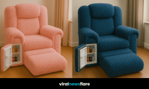 Oversized armchairs in pastel pink, burnt orange, teal blue, and ivory white, each with an integrated mini fridge.
