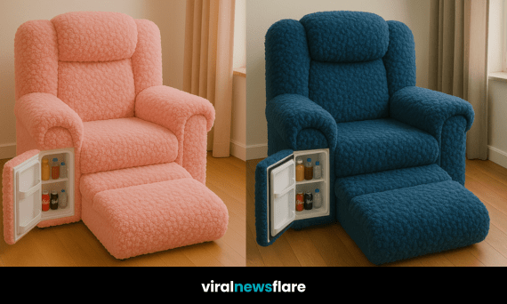 Oversized armchairs in pastel pink, burnt orange, teal blue, and ivory white, each with an integrated mini fridge.