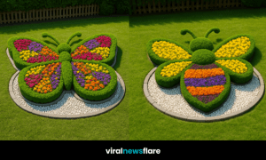 A colourful garden featuring insect-shaped flower beds including a bee, butterfly, caterpillar, and ladybird
