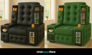 A selection of stylish armchairs in various colours, each with built-in mini fridges, snack compartments, and cup holders.