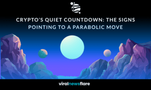Futuristic landscape with planets and mountains, featuring the text “Crypto’s Quiet Countdown: The Signs Pointing to a Parabolic Move