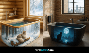 Collection of luxury bathtubs featuring artistic cat-themed designs in various interior styles.