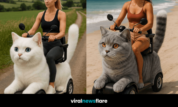 Montage of giant cat-shaped mobility scooters in black and white, ginger, white, and grey tabby designs in different settings.