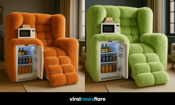 Collection of oversized fluffy armchairs with integrated mini fridges and microwaves in multiple vibrant colours