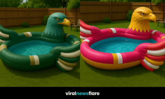 Collection of colourful inflatable eagle paddling pools in various designs set in green gardens.