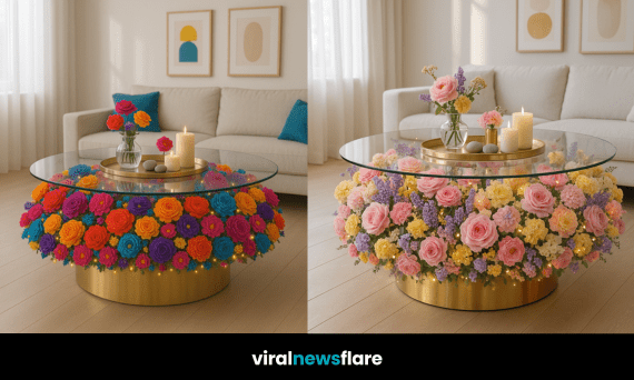Luxury glass coffee table with gold base and pastel floral arrangement, styled in a bright modern living room.