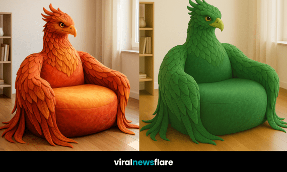 Collection of oversized phoenix armchairs in magenta, orange, teal, and green in a stylish setting.