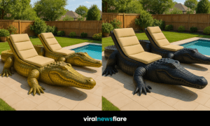 Collection of oversized alligator-shaped loungers in black, green, gold, and white with beige cushions arranged beside a pool.